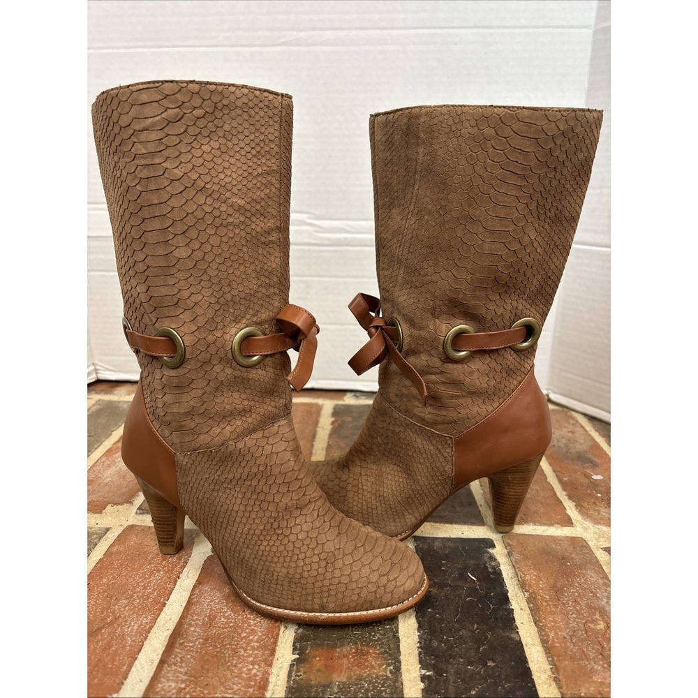 Taryn Rose Leather Suede Snake Pattern Bootie Mid Calf High Heel Boot Size‎ 5.5